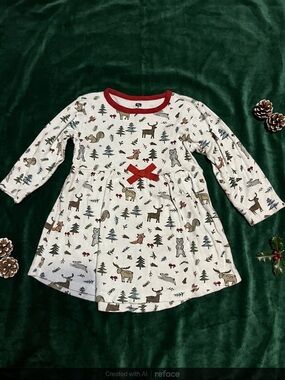 Holiday Forest Print Kids Long-Sleeve Dress - Red Trim